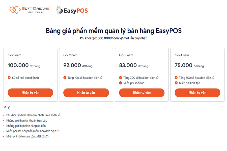 Bảng giá phần mềm quản lý bán hàng tạp hoá EasyPOS