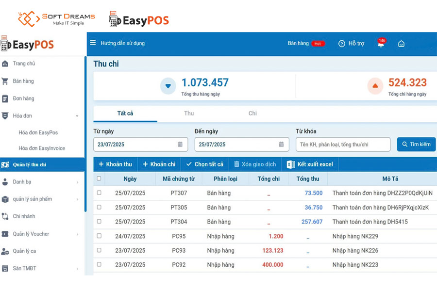 Phần mềm EasyPOS hỗ trợ quản lý thu chi rõ ràng, theo dõi dòng tiền theo từng ca làm hoặc ngày bán