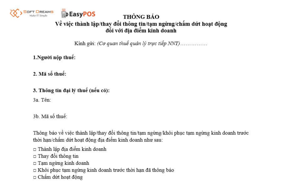 Mẫu số 01/TB-ĐĐKD về địa điểm kinh doanh của HKD