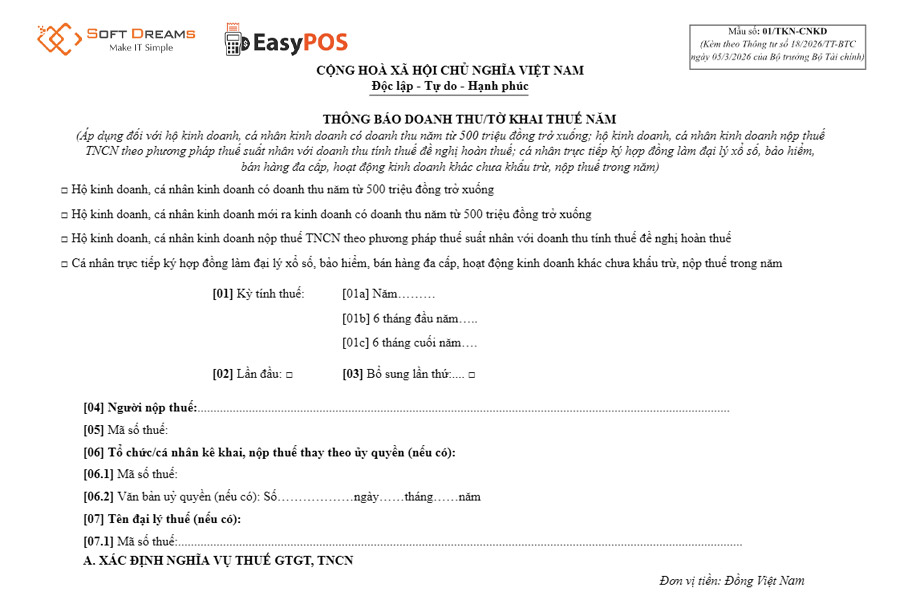 Hồ sơ đề nghị hoàn thuế đối với hộ kinh doanh là tờ khai thuế theo Mẫu số 01/TKN-CNKD