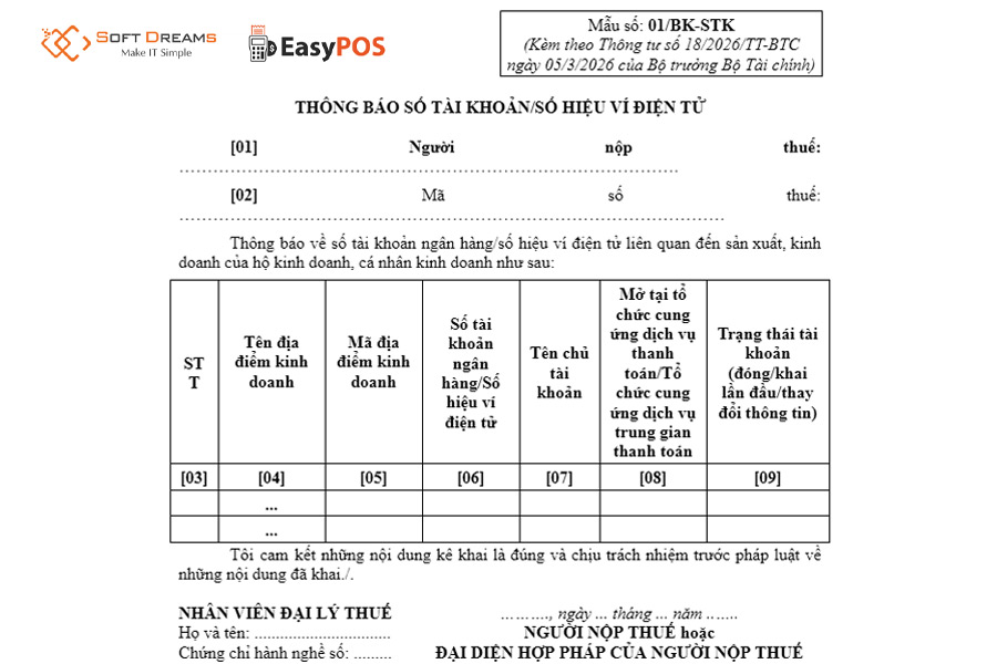 Mẫu số 01/BK-STK - Thông báo số tài khoản, số hiệu ví điện tử hộ kinh doanh