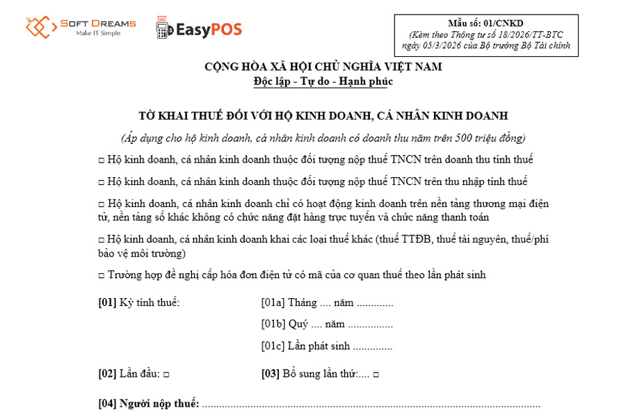 Mẫu số 01/CNKD ban hành kèm theo Thông tư 18/2026/TT-BTC