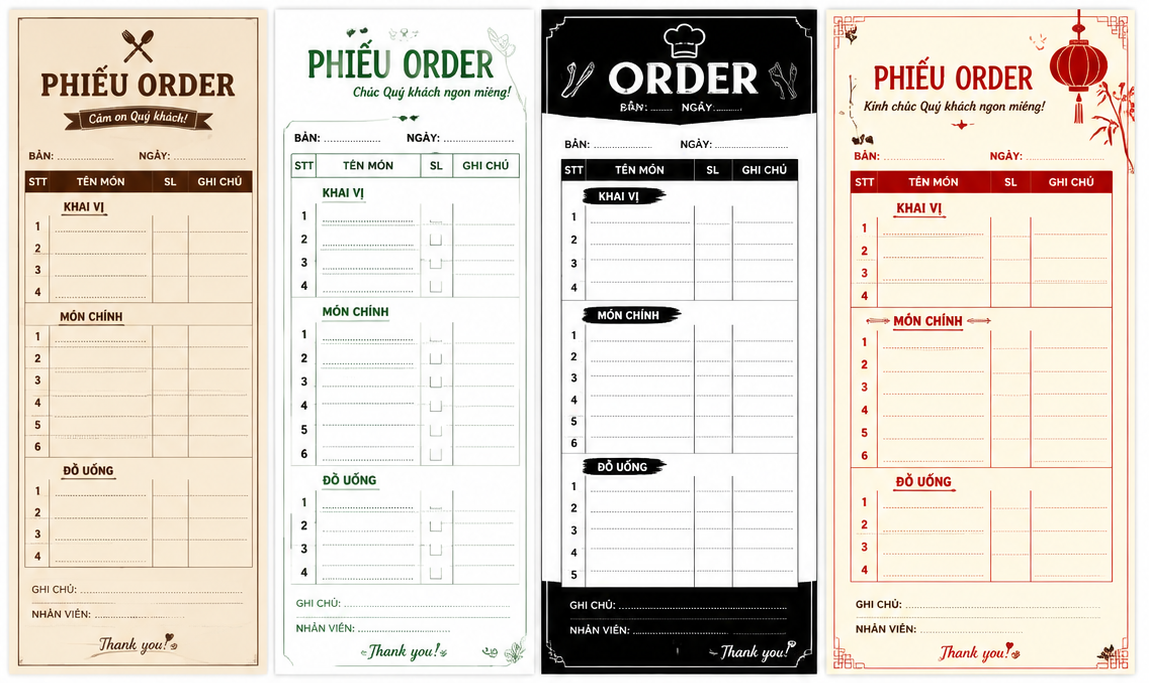 Mẫu phiếu ghi order nhà hàng