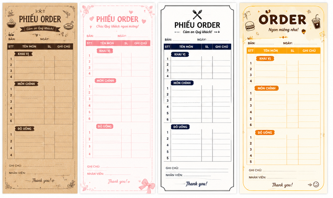 Mẫu ghi order cho nhà hàng
