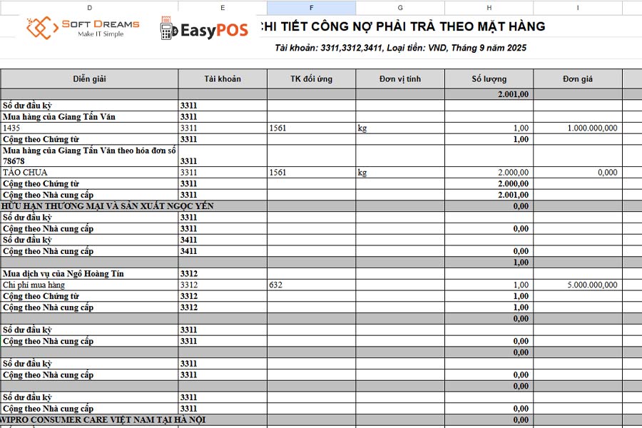 Mẫu theo dõi công nợ phải trả nhà cung cấp