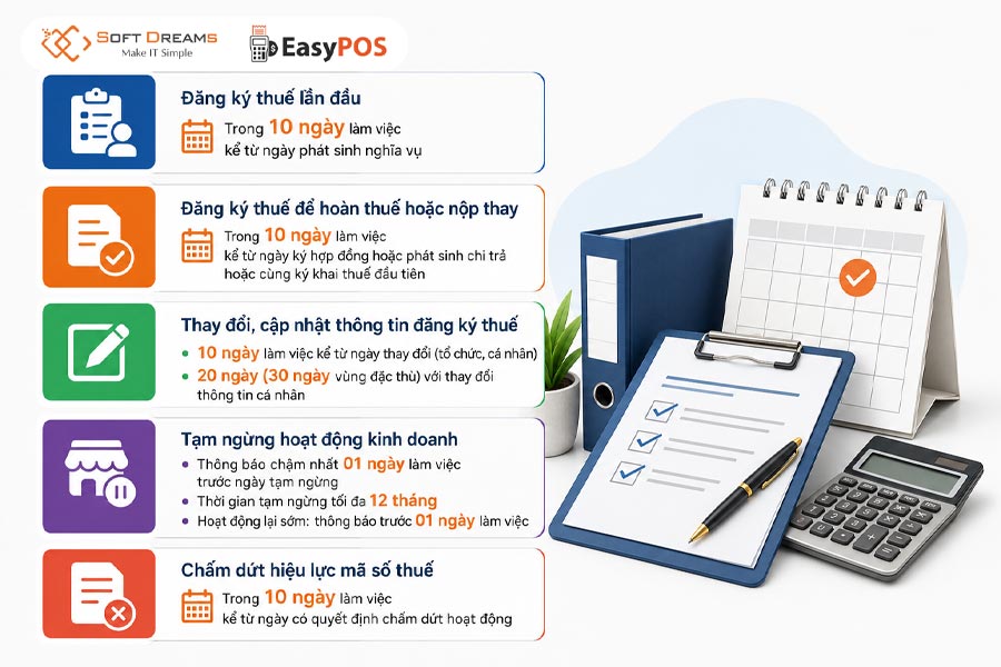 Những thay đổi về thời hạn thực hiện đăng ký thuế