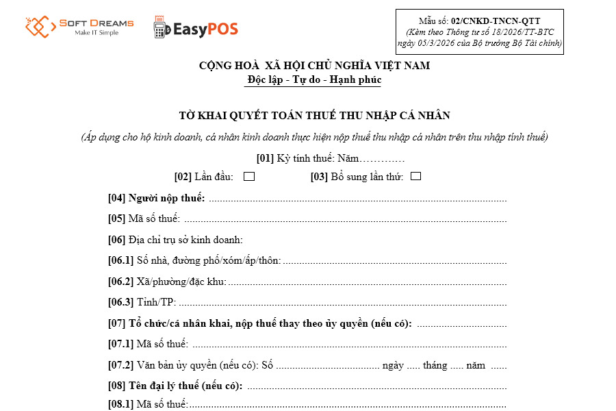 Tờ khai quyết toán thuế TNCN mẫu 02 CNKD TNCN QTT