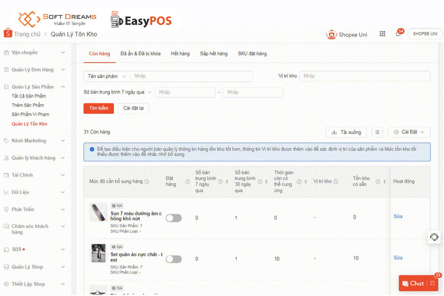 Quản lý số lượng hàng hóa trên Kênh Người Bán Shopee